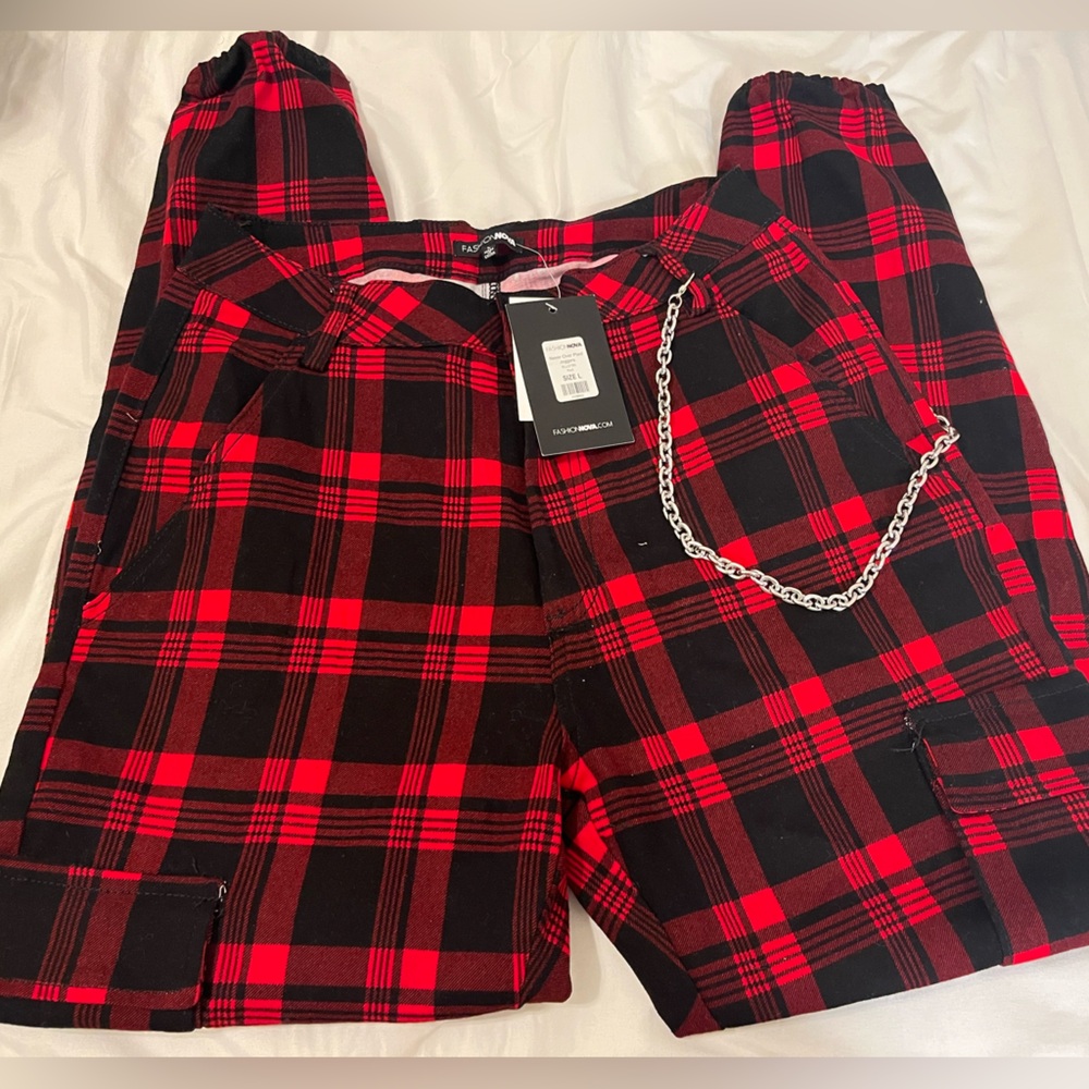Fashion Nova Red and Black Plaid Cargo Joggers